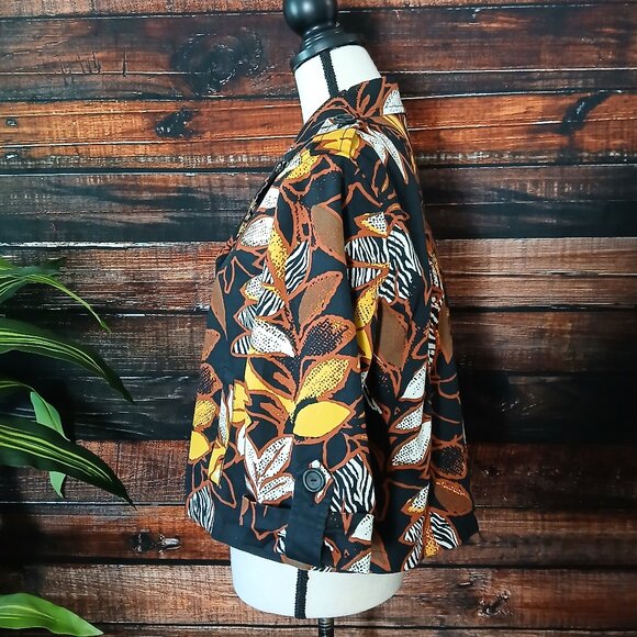 Ruby Rd Jacket Size 10 Cropped Cotton Blazer 3/4 Sleeve Urban Tribe Leaf Print - Picture 6 of 10